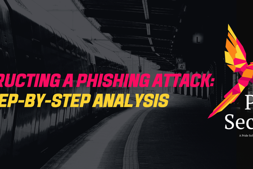 Banner image titled 'Deconstructing a Phishing Attack: A Step-by-Step Analysis' with the Pride Security logo on the right. The background shows a dark, deserted train platform, creating a sense of caution and awareness.