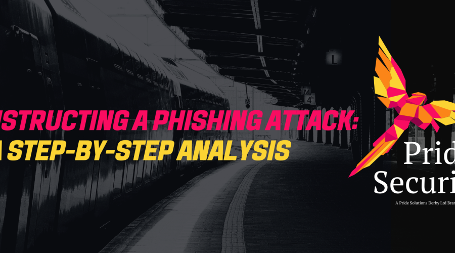 Banner image titled 'Deconstructing a Phishing Attack: A Step-by-Step Analysis' with the Pride Security logo on the right. The background shows a dark, deserted train platform, creating a sense of caution and awareness.